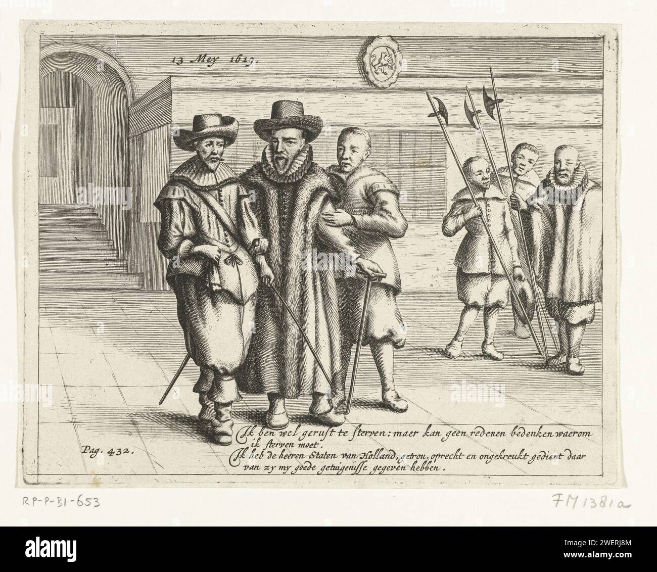 Oldenbarnevelt wird zum Gerüst geführt, 1619, 1668 – 1670 Druck Johan van Oldenbarnevelt wird zum Gerüst geführt, 13. Mai 1619. Van Oldenbarnevelt wird von einem Soldaten und seinem Diener Jan Francken begleitet. Mit 4 Zeilen in Niederländisch, Datum und Seitennummer. Papierätzung / Gravur (Person mit Todesurteil) auf dem Weg zum Gerüst oder zum Hinrichtungsort Stockfoto