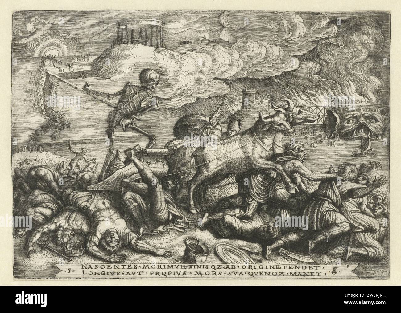 Triumph des Todes, Georg Pencz, 1537 - 1541 drucken Einen Anhänger eine Sense, die den Tod darstellt, steht auf einem Auto, das von zwei Ochsen gezogen wird. Die Toten und Sterbenden werden unter den Rädern seines Autos zerquetscht. Zwei Geistliche beten für die Seelen. Im Hintergrund ist das Ziel dieser Seelen, sie gehen in die Hölle mit dem Grote Hellemond und dem Fegefeuer oder dem Himmel. Lateinische Inschrift in zwei Zeilen: Nascentes Morimvr Finis ... SVA Quenoz Manet Papiergravur 'Trionfo della report' 'Triumph'; 'Carrel Della Report' (Ripa) Stockfoto
