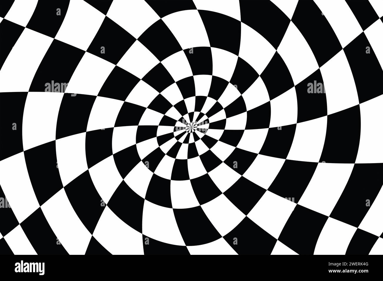 Schwarzes und weißes psychedelisches kreisförmiges Schachbrett mit Fluchtpunkt. Stockfoto