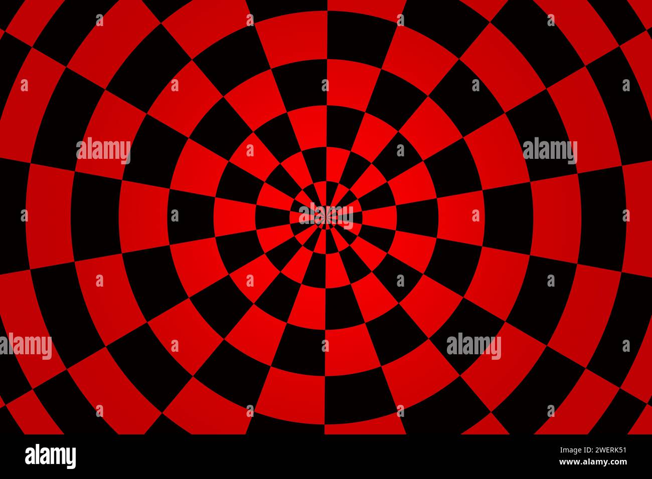 Rotes und schwarzes kreisförmiges Schachbrett mit Fluchtpunkt. Stockfoto