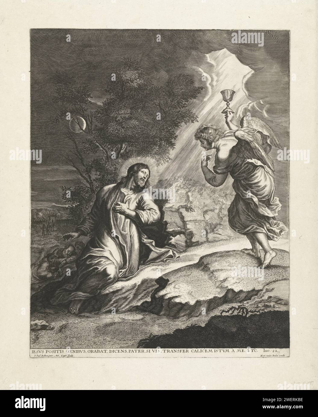Christus im Hof van Olives, Joseph Antoine Cochet, nach Peter Paul Rubens, ca. 1660–1678 Druck in der Nacht seines Verrats, Christus betet im Hof von Oliven. Ein Engel bringt ihm eine Fehlgeburt, um ihn zu unterstützen. Die Jünger sind eingeschlafen und links sehen Sie die Soldaten, die aussteigen, um Christus zu fangen. Papier, das Christi Gebet im Garten Getsemani während der Nacht graviert. Qual Christi: Um ihn zu trösten, erscheinen Christus ein oder mehrere Engel mit Kelch und/oder Kreuz Stockfoto Christus im Hof van Olives, Joseph Antoine Cochet, nach Peter Paul Rubens, ca. 1660–1678 Druck in der Nacht seines Verrats, Christus betet im Hof von Oliven. Ein Engel bringt ihm eine Fehlgeburt, um ihn zu unterstützen. Die Jünger sind eingeschlafen und links sehen Sie die Soldaten, die aussteigen, um Christus zu fangen. Papier, das Christi Gebet im Garten Getsemani während der Nacht graviert. Qual Christi: Um ihn zu trösten, erscheinen Christus ein oder mehrere Engel mit Kelch und/oder Kreuz Stockfoto