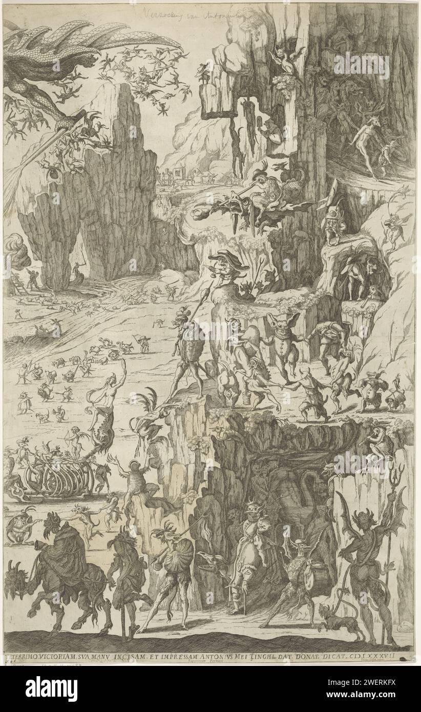 Die Versuchung des Heiligen Antonius (Richterteil), Anton Meitingh, nach Jacques Callot, 1605–1655 drucken Eine felsige Landschaft mit vielen teuflischen Wesen. In der Mitte oben eine auffallend große, rauchende Probe. Im Hintergrund links der Heilige Antonius zwischen den Felsen, von Dämonen belästigt. Papierätzung St.. Antony Abt wurde von Teufeln gequält, greift ihn auf dem Boden an oder trägt ihn in die Höhe Stockfoto