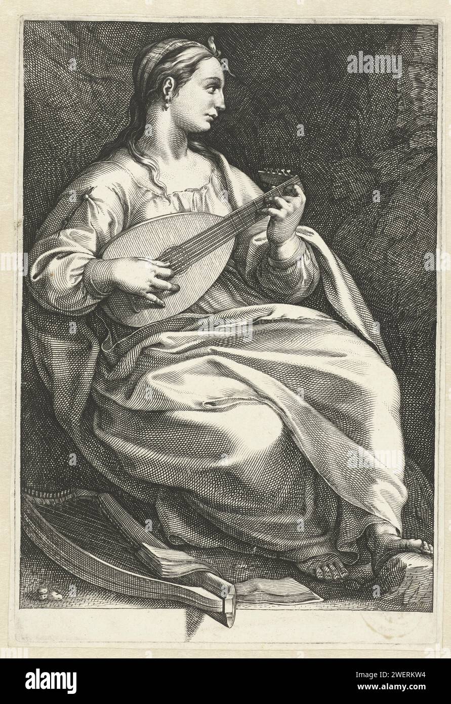 Terpsichore, 1592 drucken Eine Serie von neun Musen. Erster Status, für Beschriftungen. Papierstich Terpsichore (eines der Musen); „Terpsicore“ (Ripa) Stockfoto