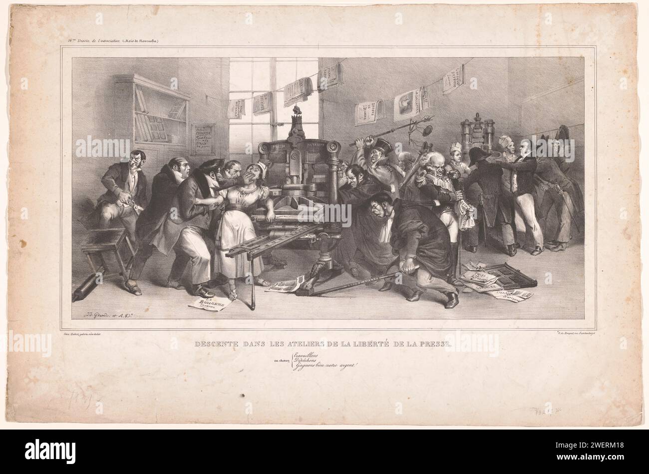Angriff der französischen Regierung auf die Freiheit der Druckerei, Jean Ignace Isidore Gérard Grandville, 1833 Druck Innenraum einer Druckerei mit einer Druckerei mit dem Text "Presse Patriote" in der Mitte. Verschiedene Richter greifen die Druckerei an oder versuchen, den Koloss zu überdrücken. Links der französische König Ludwig Philipp I., der eine Frau in die Luft jagt. Hinter ihm steht Antoine Maurice Apollinaire d’Argout mit einer Schere in den Händen als Zeichen der Zensur. Auf der rechten Seite ist Marschall Nicolas Jean-de-Dieu Soult mit Nachrichtenmagazinen beschäftigt. Zeitung, Zeitungsblatt. Druckmaschine. Zensur Stockfoto