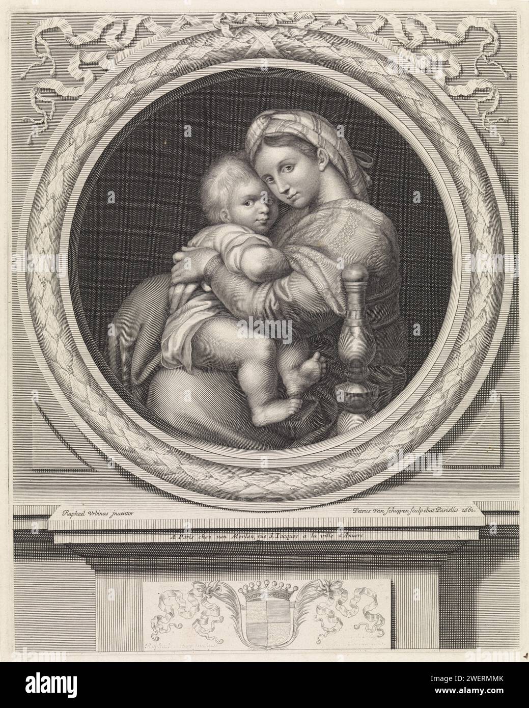 Madonna della Sedia, Pieter van Schuppen, nach Rafaël, 1661 drucken Maria mit dem Christuskind auf seinem Schoß. Ein (nicht ausgefülltes) Wappen befindet sich auf einem Stechstab am Boden. Papiergravur Maria sitzend oder thronend, das Christuskind sitzend auf ihrem Knie (Christuskind zu Mariens Linker) - FF - das Christuskind zu Mariens Rechten Stockfoto