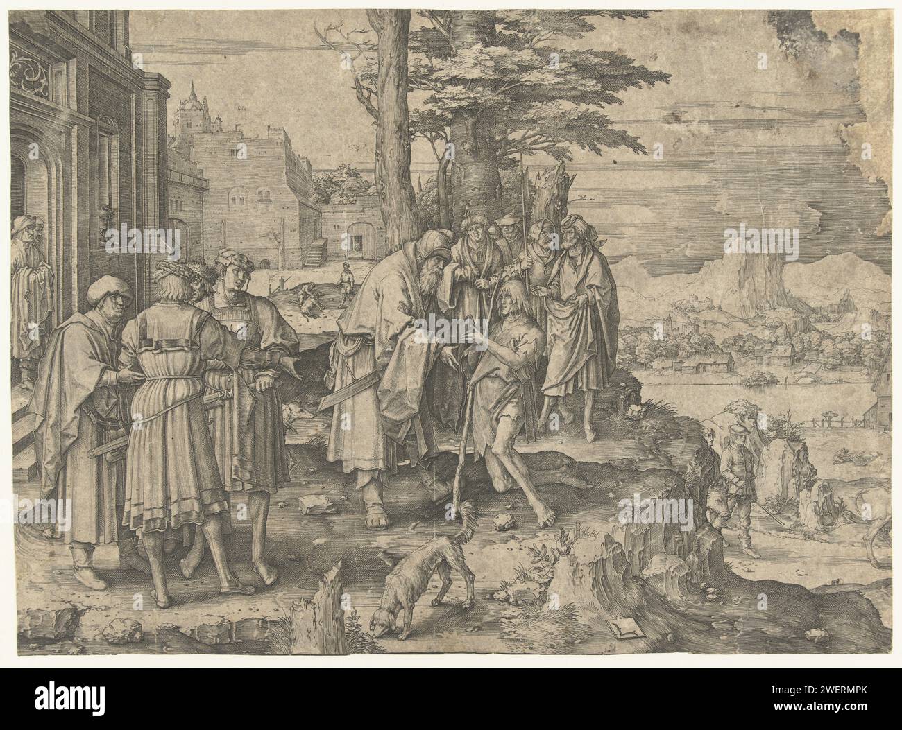 Die Rückkehr des verlorenen Sohnes, Lucas van Leyden, 1508–1512 Druck für das Elternhaus, der schlecht gekleidete Sohn wird von seinem Vater in Anwesenheit vieler Zuschauer begrüßt. Hügelige Landschaft mit Fluss und Kälberschlachtung im Hintergrund. Der verlorene Sohn kehrt nach Hause zurück, wo sein Vater auf ihn wartet Stockfoto