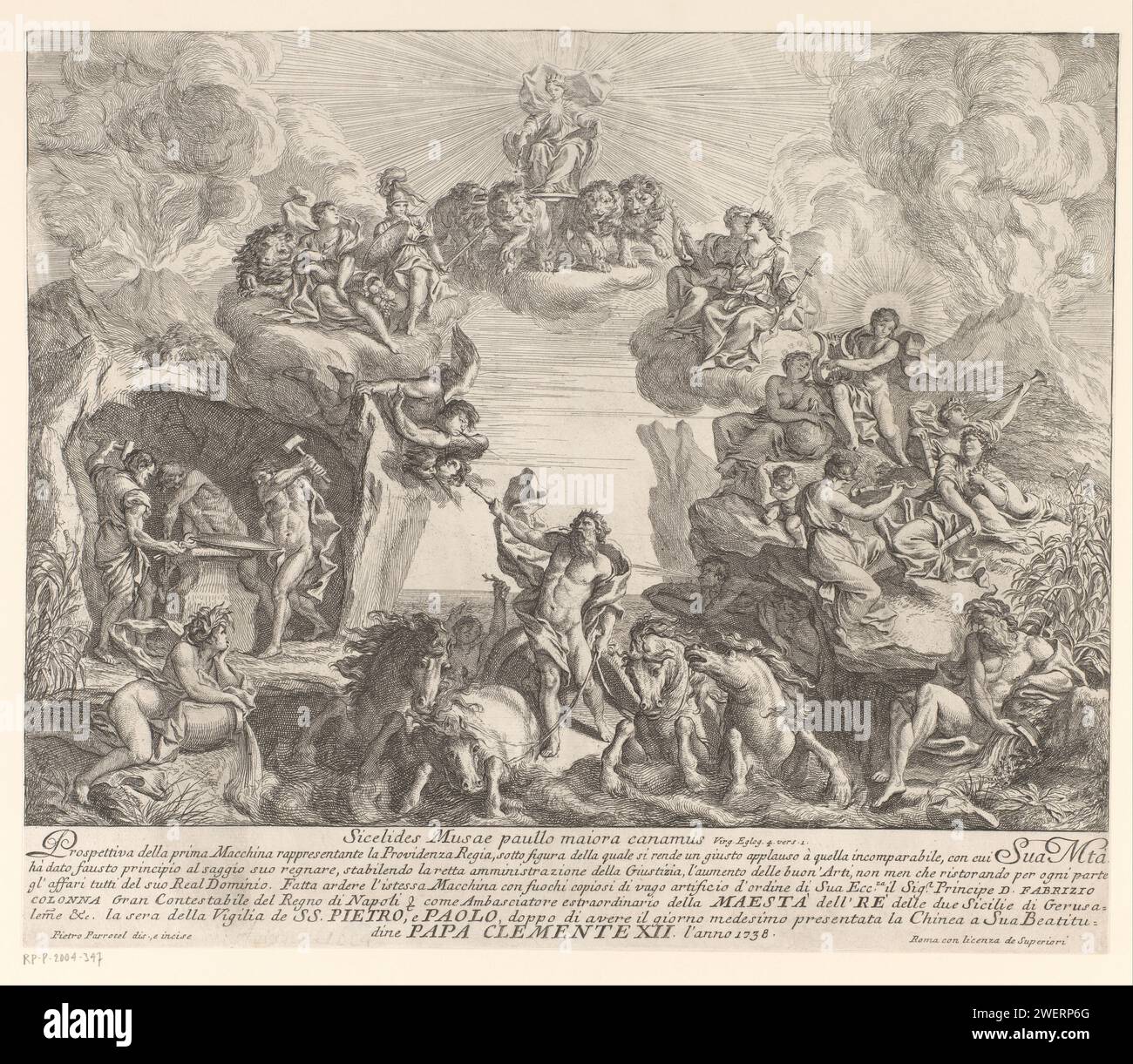 Allegory of Divine Provisioning, 1738 gedruckte Illustration für Tableau Vivant, im Auftrag von Prinz Fabrizzio Colonna, Botschafter in Neapel, zu Ehren von Papst Clemens XII. Für das Feuerwerk bei der Zeremonie Chinea in Rom, 1738. In der Mitte Neptunus in seinem Siegeswagen. Rechts, auf einem Hügel, die neun Musen, links vulcanus in seinem Schmied. Mitten in der göttlichen Vorsehung, auf einem Plateau, das von vier Löwen gezogen wird. Vordenken, Überlegungen zum Ätzen von Papier; "Previdenza", "Providenza" (Ripa). Die olympischen Götter zusammen: Jupiter, Juno, Neptun, Ceres, Apollo, Diana, Mars, Venus, Stockfoto