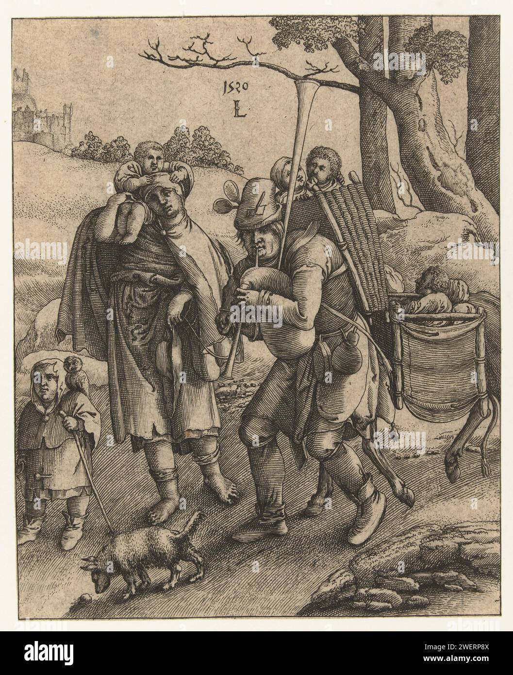 Uilenspiegel: Die Bettlerfamilie, anonym, 1520 - 1644 Druck entlang des Rahmens für Show Cut off. Ein Mann mit zwei Kindern im Korb auf dem Rücken, neben ihm eine Frau mit einem Kind auf der Schulter. Sie tragen einen Esel mit Kindern. Vorne geht ein Junge mit einer Eule auf die Schulter, ein Hund schnüffelt neben ihm. Papierätzung Eulenspiegel. Bettler. Dudelsack, Musette - CC - draußen Stockfoto