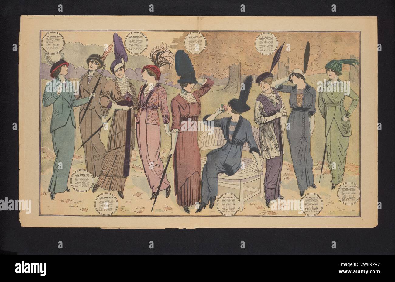 La Mode, 18th Année, Nr. 4-12 Octobre 1913: Doppelseite mit verschiedenen Kleidern und Anzügen, 1913 Druck La Mode, 12. Oktober 1913: Doppelseite mit neun Modellen von Morgen- und Nachmittagskleider und Anzügen (Kostümhüften). Die Modelle sind nummeriert. In Kreisen über oder unter ihnen ein kurzer Text mit einer Erklärung über das Kostüm und einer Preiserwähnung. Papiergravur von Modetafeln Stockfoto