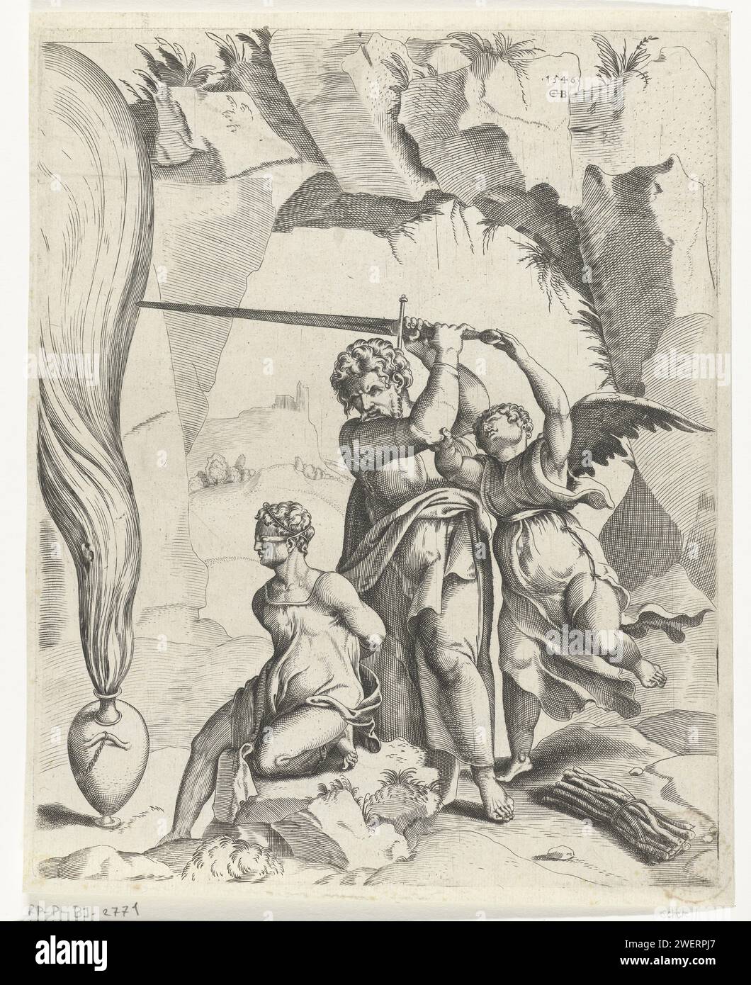 Angebot von Isaak, Cornelis Bos, nach Michiel Coxie (I), 1546 Druck Abraham ist dabei, seinen geliebten Sohn Isaac zu opfern. Ein Engel hält ihn auf. Im Gegensatz zur Bildtradition findet die Szene in einer Art Höhle statt in einem Berg statt. Papiergravur des Opfers von Isaak (Genesis 22) Stockfoto