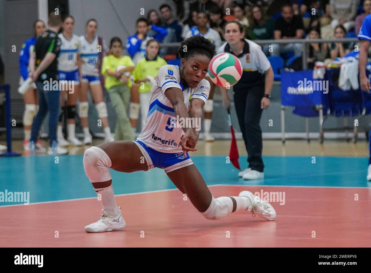 Sevilla, Spanien. Januar 2024. SEVILLA, SPANIEN - 26. JANUAR: Bely Bella Nsunguimina MeÃ±ana von CV Teneriffa Libby's La Laguna erhält den Ball im Viertelfinale des Volleyball Queen's Cup-Spiels zwischen FP Pro Voley Cajasol und CV Teneriffa Libby's La Laguna am 26. Januar 2024 in Sevilla. (Kreditbild: © Jose Luis Contreras/DAX via ZUMA Press Wire) NUR REDAKTIONELLE VERWENDUNG! Nicht für kommerzielle ZWECKE! Quelle: ZUMA Press, Inc./Alamy Live News Stockfoto