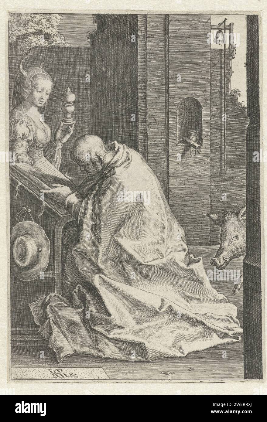 Die Versuchung des Heiligen Antonius, 1593 - 1594 Druck Ein Mann liest einen Leser. Ein Wildschwein erscheint hinter ihm, eine gehörnte Frau vor ihm. Papiergravur Versuchungen von St. Antonius Abt Stockfoto