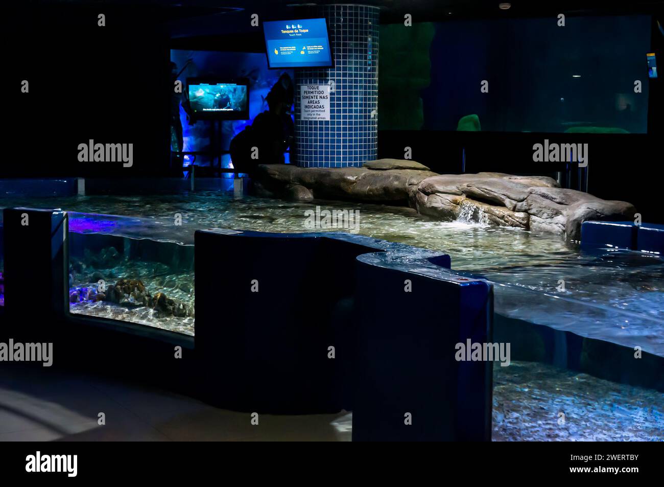 Der leere Touch Pools Tank Bereich, in dem Besucher einige Fischarten anfassen können, befindet sich in einem dunklen Raum des AquaRio öffentlichen Aquariums im Bezirk Gamboa. Stockfoto