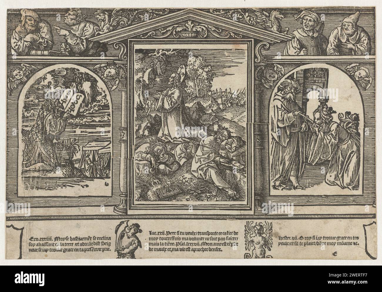 Christ on the Olijf Mount, Moses and Esther for Ahasveros, Jacob Cornelisz van Oostsanen, 1525–1530 gedruckter unterer Teil eines Blattes aus einer Biblia pauperum. Aus mehreren Blöcken gedruckt. Links empfängt Mose die Steinspeise, in der Mitte Christus auf dem Ölberg, rechts kniete Esther für Ahasverus und Kusts Zepter. Rahmen mit vier Propheten. Papier Moses auf dem Berg Sinai mit den Tabellen des Gesetzes (2. Mose 24:9-18, 31:18). Das Gebet Christi im Garten Gethsemane während der Nacht. Esther küsst das Zepter des Ahasveros. Andere Gruppen von Propheten Stockfoto Christ on the Olijf Mount, Moses and Esther for Ahasveros, Jacob Cornelisz van Oostsanen, 1525–1530 gedruckter unterer Teil eines Blattes aus einer Biblia pauperum. Aus mehreren Blöcken gedruckt. Links empfängt Mose die Steinspeise, in der Mitte Christus auf dem Ölberg, rechts kniete Esther für Ahasverus und Kusts Zepter. Rahmen mit vier Propheten. Papier Moses auf dem Berg Sinai mit den Tabellen des Gesetzes (2. Mose 24:9-18, 31:18). Das Gebet Christi im Garten Gethsemane während der Nacht. Esther küsst das Zepter des Ahasveros. Andere Gruppen von Propheten Stockfoto