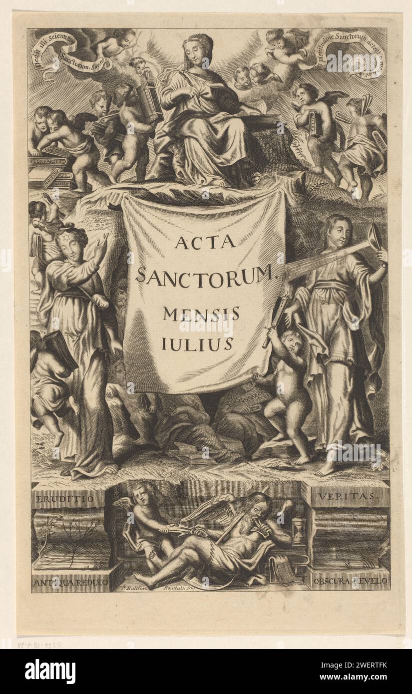 Urkunden der Heiligen des Monats Juli, Pieter Balthasar Bouttats, 1727 drucken die allegorische Darstellung der Wahrheit (mit einem Spiegel) und Gelehrsamkeit (mit einem Stern auf der Stirn) zeigen eine Leinwand mit dem Titel des Werkes. Unter dem Titel steht Vaterzeit, die mit einem Engel kämpft. Er isst Seiten aus einem Buch, während der Engel versucht, das zu stoppen. Eine lateinische Unterschrift erklärt, dass Gelehrsamkeit die Vergangenheit zurückbringt und die Wahrheit das Unbekannte offenbart. Oben auf dem Druck bringen Engel Bücher mit den Namen der 12 Monate zu einer sitzenden Frau. Anschließend registriert sie sich. Einer der Engel bringt das Buch des Monats Stockfoto