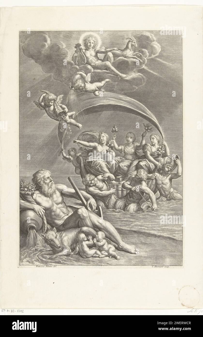 Drei Hesperiden bringen Orangen nach Rom, Cornelis Bloemaert (II), nach Francesco Albani, 1640–1646 Druck im Vordergrund ist ein Wassergott mit einem Horn der Fülle und einer Wasserkanne. Daneben stehen Romulus und Remus und Wolvin als Symbol für die Stadt Rom. Eine Reihe von Hesperiden im Hintergrund, die (orange) Äpfel bringen. Über Apollo. Dieser Druck ist eine Illustration für die Einführung von G.B. Ferraris Buch über Zitrusfrüchte. Mit Hilfe selbstgemachter mythologischer Geschichten versucht der Autor, die Herkunft der verschiedenen Zitronenarten zu erklären. Papiergravur andere Hesperiden (+ att Stockfoto