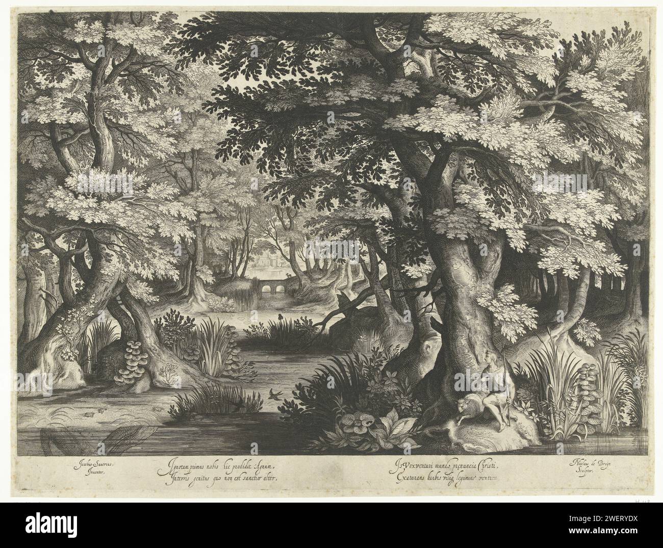 Johannes der Täufer in der Wildnis, Nicolaes de Bruyn, nach Jacob Savery (I), 1581–1656 Druck Waldlandschaft mit der ungültigen Figur Johannes des Täufers, die am Fuße eines Baumes kniet und ein Lamm neben ihm liegt. Am Rand unter einem lateinischen Vers, der sich auf die Bibelgeschichte bezieht. Papiergravur Johannes des Täufers in der Wildnis, meist begleitet von einem Lamm Stockfoto
