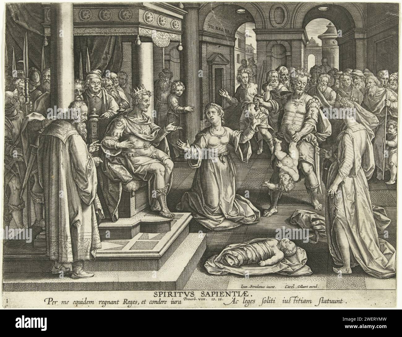 Urteil Salomos: Das Geschenk der Weisheit, Adriaen Collaert, nach Jan van der Straet, 1593–1597 Druck das Urteil Salomos (1. Könige 3,16–28). Der Abdruck zeigt den Abschnitt, in dem Solomo seine göttliche Weisheit demonstriert. Salomon sitzt auf seinem Thron und befahl einem seiner Soldaten, das umstrittene Kind in zwei Stücke zu schneiden. Eine der Mütter (in der Mitte des Druckes) bettelt um Gnade und beweist, dass sie die wahre Mutter ist. Die andere Mutter (rechts) ist unbewegt neben einem toten Kind, dass es ihre war. Der Druck hat eine lateinische Unterschrift. Der Druck ist Teil einer Serie mit den verschiedenen Geschenken des Heiligen Geistes. pap Stockfoto