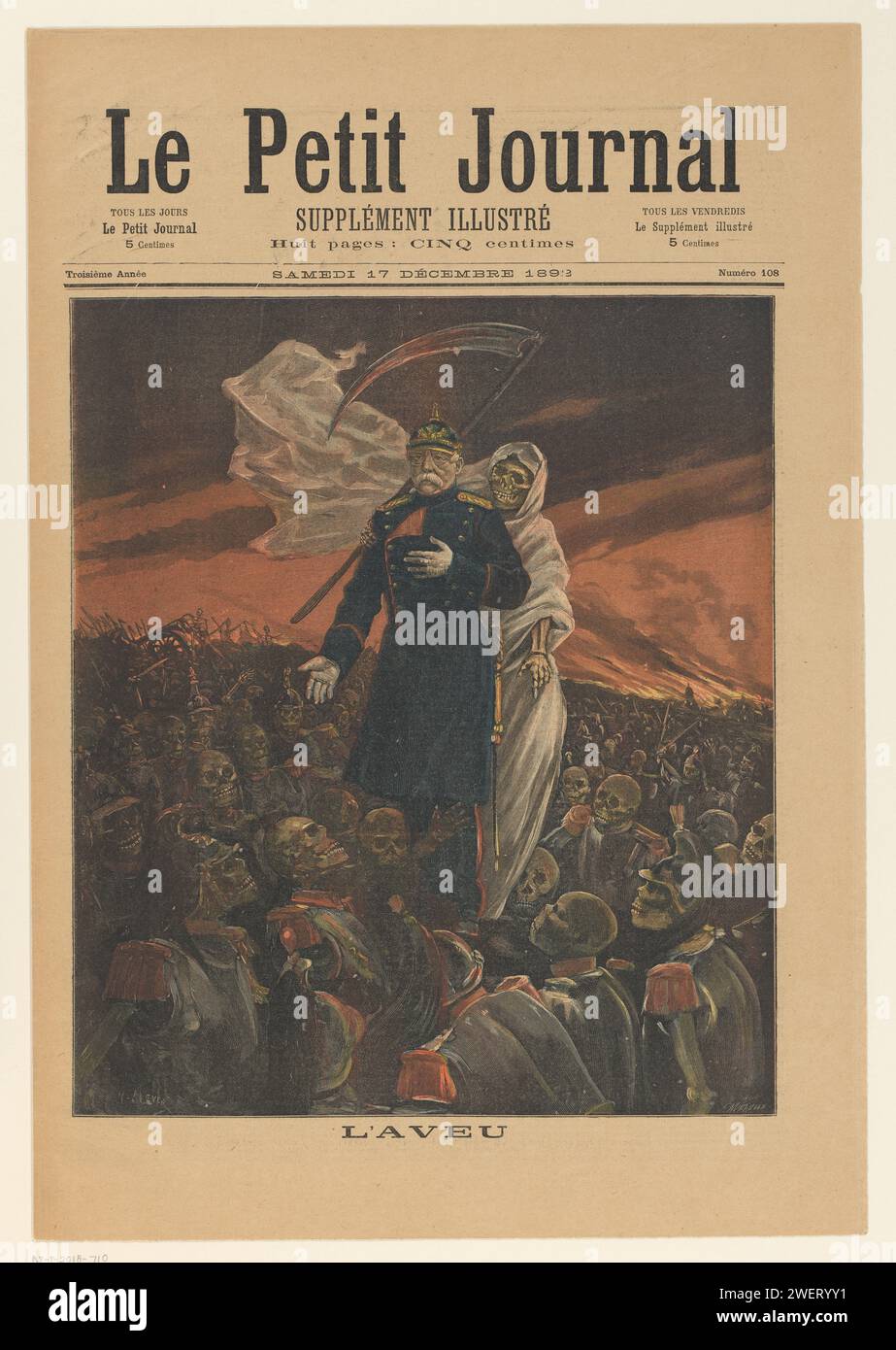 Kopie der Zeitung 'Le Petit Journal' vom 17. Dezember 1892, Fortune Louis Méaulle, nach Henri Meyer, 1892 drucken Sie das Geständnis', Kaiser Wilhelm I. mit Tod und zwischen den Opfern des Krieges. Illustration auf der Vorderseite der Zeitung 'Le Petit Journal' vom 17. Dezember 1892 Papierdrucksache Tod als Skelett Stockfoto