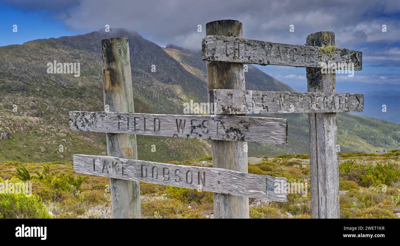 Alte, verblasste und graue hölzerne Wegweiser für Wanderwege am Mount Field West, Mount Field National Park, Tasmanien, Australien Stockfoto