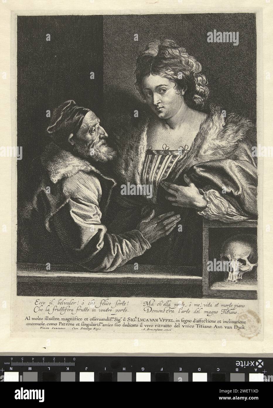 Titian und sein Maitrese, Anthony Van Dyck, nach Titian, 1627–1644 drucken Kopie zum Selbstporträt Tizians mit einer jungen Frau. Unten rechts ein Schädel. Tizians Gemälde ging verloren, wegen der ETS von Van Dyck wissen wir, wie das Porträt aussah. Unter dem Porträt befindet sich eine Widmung an den Händler und Kunstliebhaber Lucas van Uffel und ein italienisches Gedicht. Papierätzung / Gravur Porträt, Selbstporträt des Malers. Kurtisane, Hetaera Stockfoto