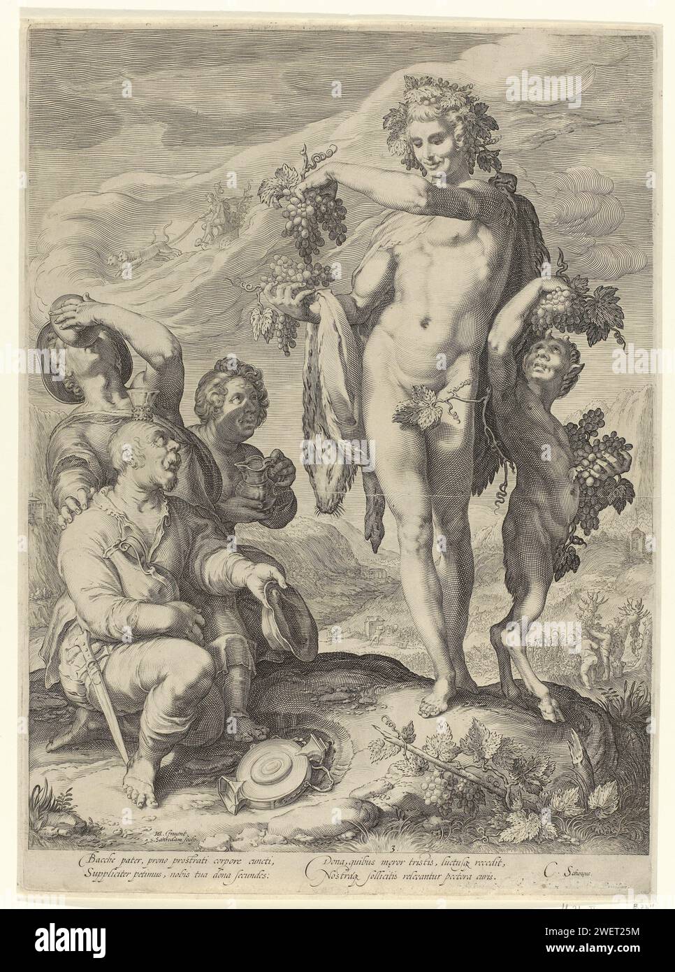 Trinkende Männer bekunden Bacchus, Jan Saenredam, nach Hendrick Goltzius, 1596 Druck Bacchus, Gott des Weins, von drei trinkenden Männern geehrt. Bacchus wird von einem jungen sater begleitet und zeigt den Männern Trauben. Im Hintergrund eine Landschaft, in der Bauern Trauben ernten. Papierstich (Geschichte von) Bacchus (Dionysos), Liber. Wein  alkoholische Getränke. Jahrgang, Traubenernte Stockfoto