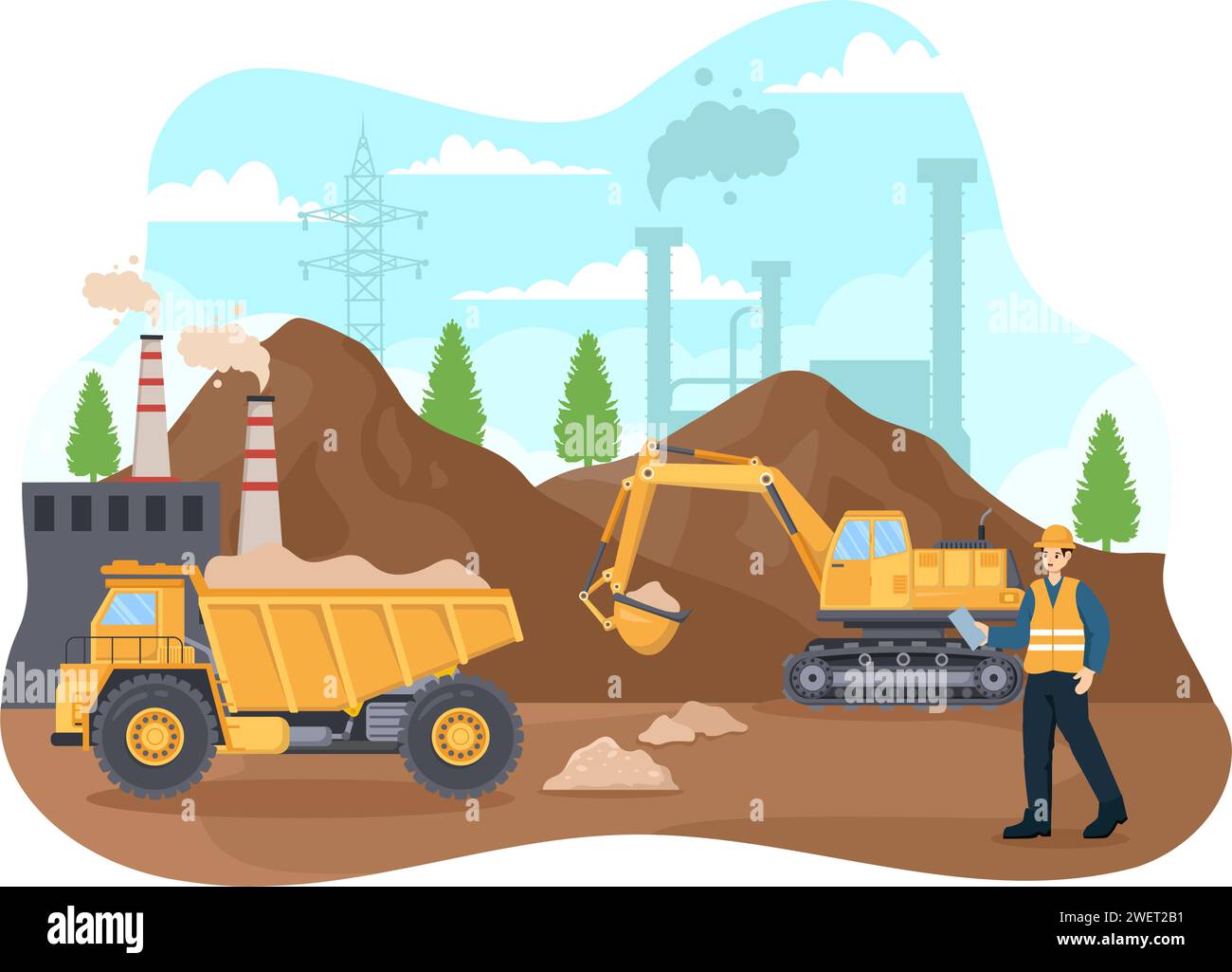Mining Company Vektor-Illustration mit schweren gelben Dumper Trucks für Sandbergbau industriellen Prozess oder Transport im flachen Karikaturhintergrund Stock Vektor