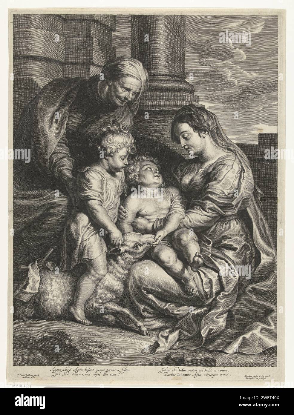 MARIA MIT GÜTE UND VERKAUF ANNA UND HEILIGER JOHANNES, SPLTE ADAMSZ. Bolswert, nach Peter Paul Rubens, 1596–1659 Druck Maria sitzt auf dem Boden mit Christuskind auf dem Schoß und die Heilige Anna steht mit dem Heiligen Johannes als Kind und einem Lamm mit ihnen. Unter der Show befindet sich ein lateinischer Vers. Papierstich Madonna begleitet von heiligen. Anna, Mutter Mariens; mögliche Attribute: Buch, Christkind, Lilie, Jungfrau Maria. Der Apostel Johannes der Evangelist; mögliche Attribute: Buch, Kessel, Kelch mit Schlange, Adler, Handfläche, Bildlauf Stockfoto