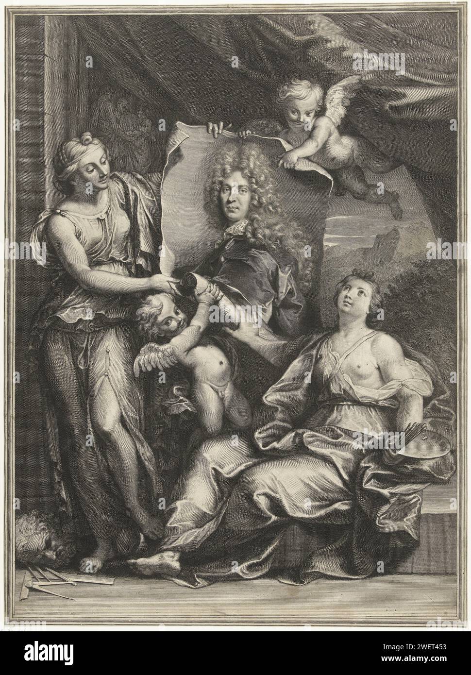 Porträt von Pierre Vincent Bertin, Gerard Edelinck, nach Noël -Nicolas Coypel, 1700–1707 drucken zwei Frauen als Personifizierungen von Malerei und Skulptur Rollen ein Porträt von Pierre Vincent Bertin (1653–1711) zusammen mit zwei Putten aus. Papierstich 'Pictura', symbolische Darstellungen, Allegorien und Embleme  Malerei; 'Pittura' (Ripa). „Sculptura“, symbolische Darstellungen, Allegorien und Embleme  Skulptur; „Scoltura“ (Ripa) Stockfoto