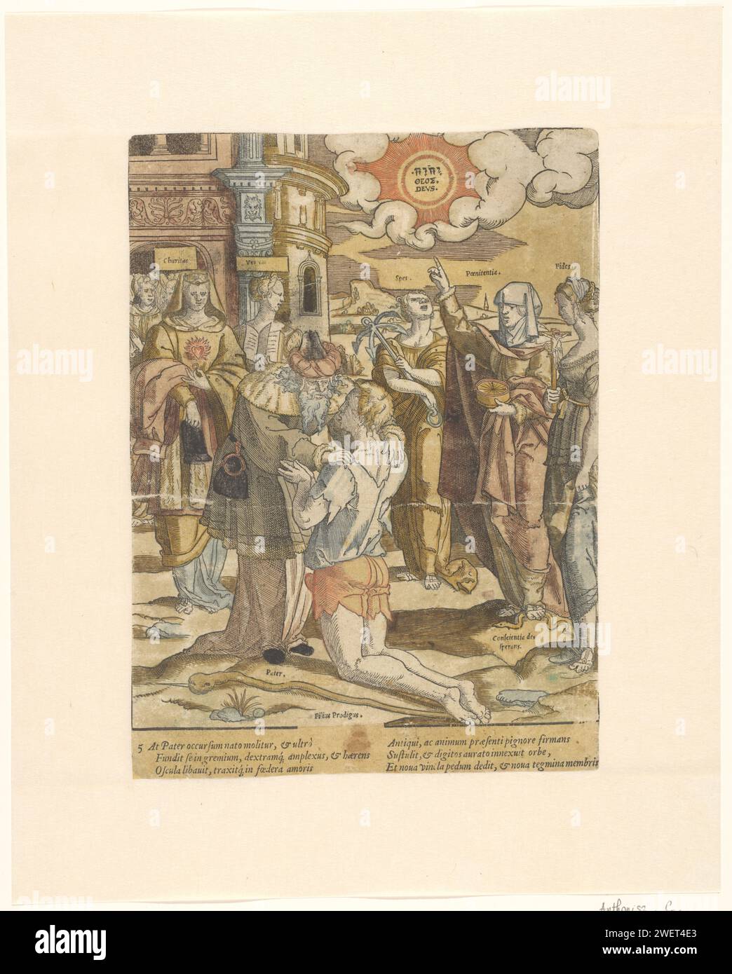 The Return of the Lost Son, Cornelis Anthonisz., C. 1540 – ca. 1550 drucken eine der sechser-Serien. Sohn (Filius Prodigus) kniete und umarmte von Vater (Vater). Um sie herum Liebe (Dilectio), Wahrheit (Veritas), Hoop (Spes), Buße (Poenitentia), die Verzweiflung mit Füßen tritt (Desperata Conscientia) und Vertrauen (Fides). Sonne im Himmel mit dem Wort Gott in hebräischen, griechischen und lateinischen Buchstaben. Druck aus der Serie von sechs Holzschnitten mit der Geschichte des verlorenen Sohnes mit sechszeiligen lateinischen Unterschriften im Buchdruck. Der Holzschnitt ist handkoloriert, wo die Kostüme der vorgeschlagenen Personen angepasst/modernisiert wurden. PA Stockfoto