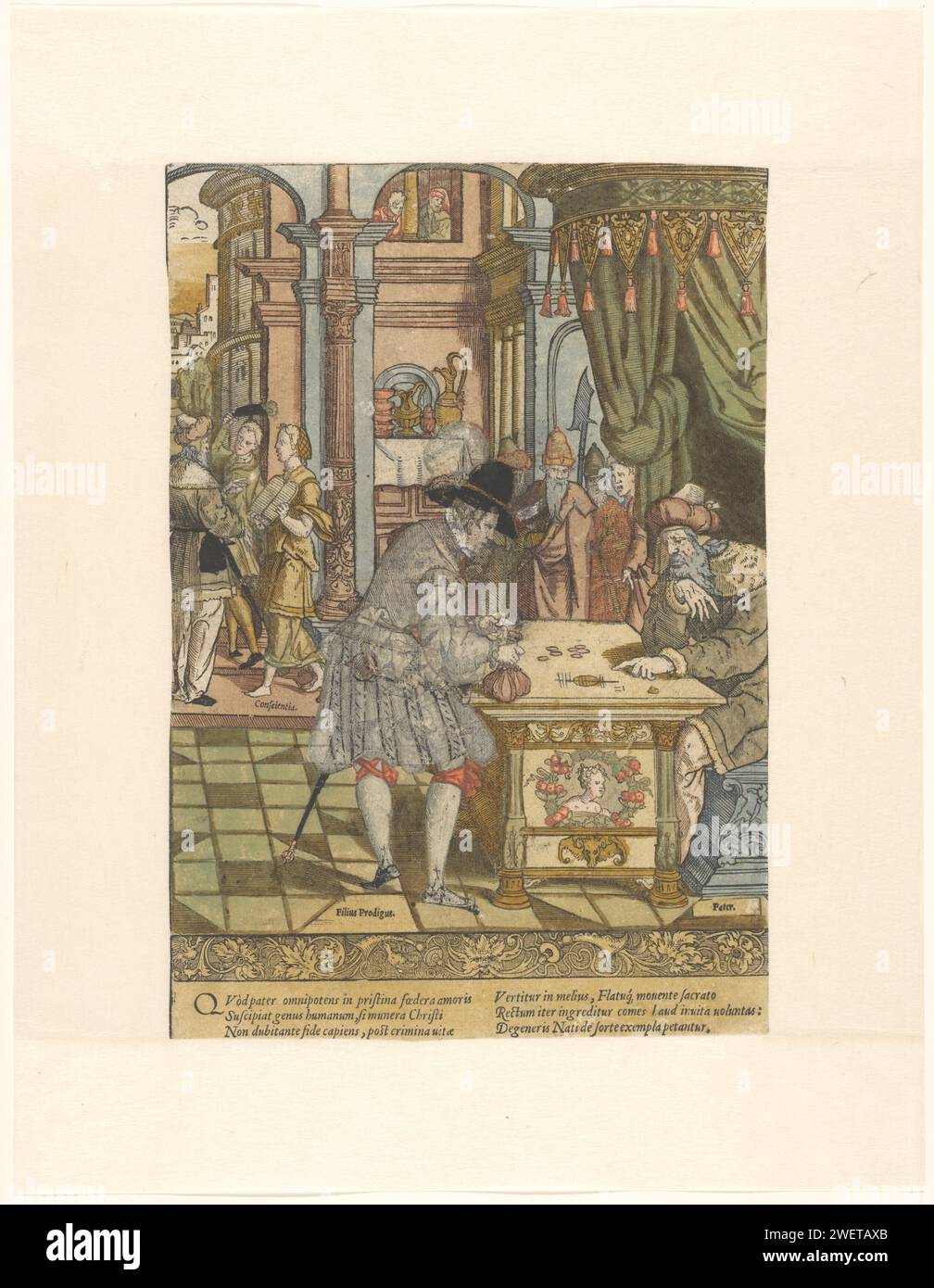 Der verlorene Sohn erhält sein Erbe, Cornelis Anthonisz., C. 1540 – ca. 1550 drucken eine der Sechserserien. Vater (Vater) saß am Tisch unter Bangopijn, Sohn (Filius Prodigus) ihm gegenüber mit Geldbeutel. Im Hintergrund Verlassen des Sohnes, begleitet vom Gewissen (Conscientia). Druck aus der Serie von sechs Holzschnitten mit der Geschichte des verlorenen Sohnes mit sechszeiligen lateinischen Unterschriften im Buchdruck. Der Holzschnitt ist handkoloriert, wo die Kostüme der vorgeschlagenen Personen angepasst/modernisiert wurden. Papier. Deckfarbe. Aquarelldruck der verlorene Sohn bittet um seine Stockfoto