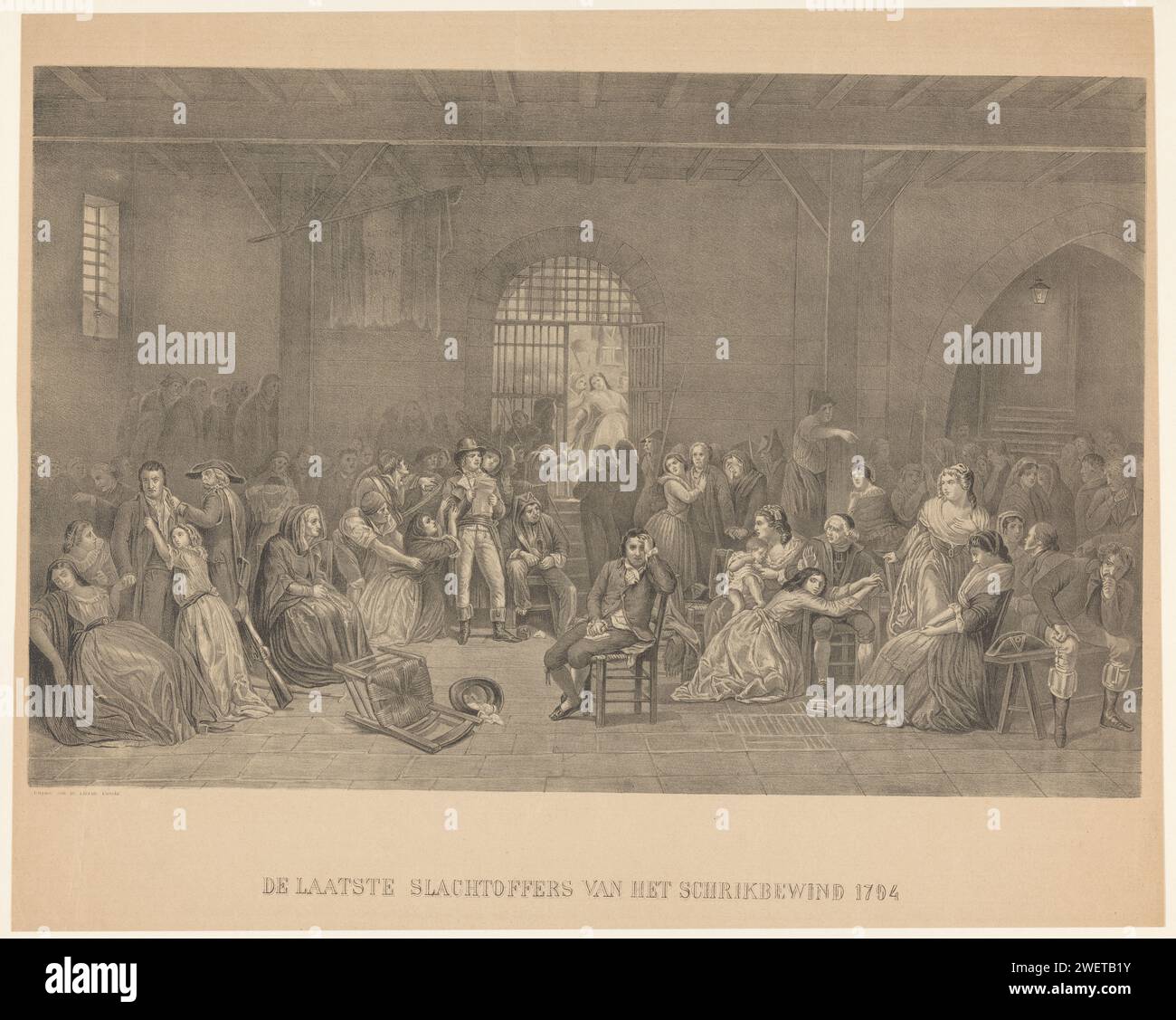 Die letzten Opfer der Herrschaft des Terrors 1794, Anonym, nach Charles Louis Lucien Muller, 1850 - 1870 gedruckt in einer vollen Zelle im Saint-Lazare Gefängnis, ein Mann liest die Namen der Toten, 27. Juli 1794. Papiergefangener in Zelle oder verschlossenem Ort. Verzweiflung (der Person, die zum Tode verurteilt ist). Todesstrafe, Hinrichtung Paris Stockfoto