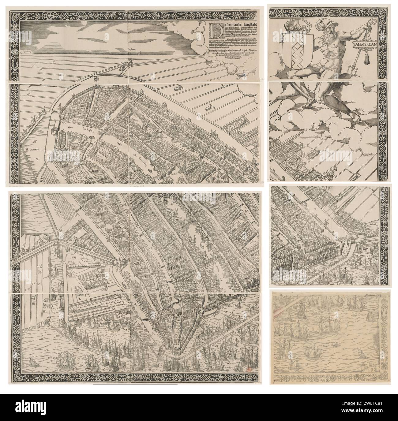 Karte von Amsterdam, 1544, bestehend aus elf Teilen (zwölfter Teil fehlt), Cornelis Anthonisz., C. 1557 drucken Karte von Amsterdam in einer nutschalen Perspektive im Jahr 1544. Besteigen Sie die Stadt mit ihren riesigen Wiesen am Fuße des IJ mit vielen Schiffen. Rechts oben Neptunus mit dem Wapen van Amsterdam. Links neben dem Titel und Informationen in achtzehn Regeln. Im Zierrahmen. Orientierung: West Southwest Boven. Leaf unten rechts fehlt. Papier-Buchdruck, der Stadtpläne druckt. Wappen (als Symbol des Staates usw.) (+ Stadt; Gemeinde). (Geschichte) Neptun (Poseidon). Segeln Stockfoto