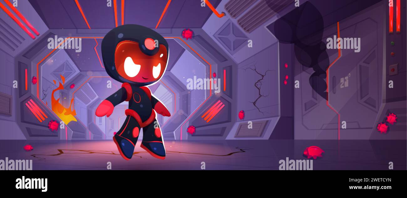 Böse Roboter auf Raumschiff mit Feuer und Flamme. Vektor-Cartoon-Illustration der Astronautenfigur mit wütendem Gesicht, roten Bugs auf gerissenen Wänden, Malware d Stock Vektor