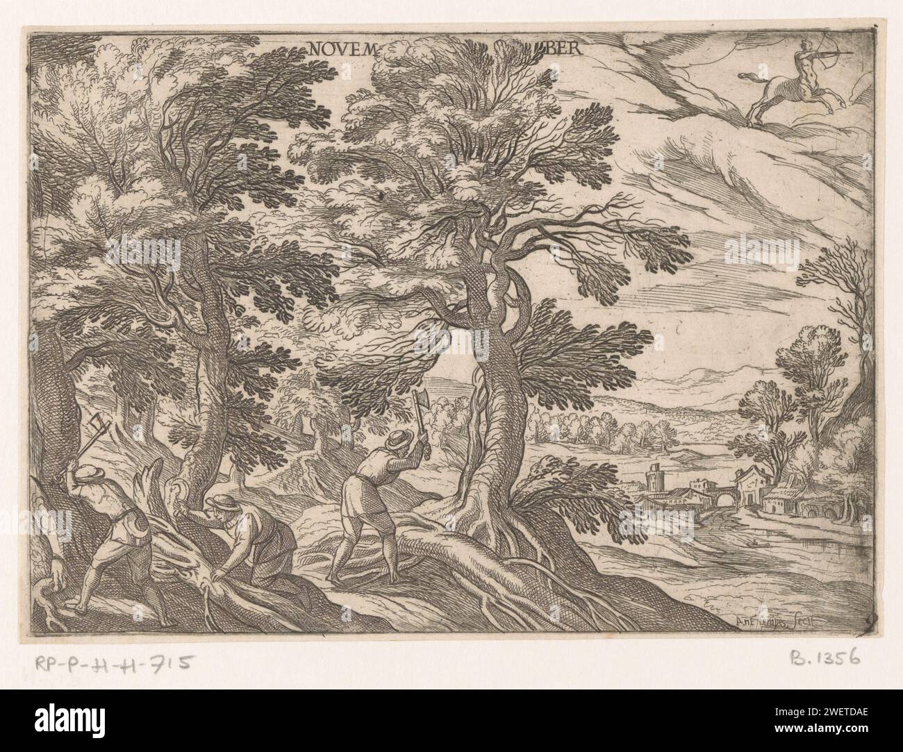 November: Houts (Bogenschütze), Antonio Tempesta, 1575–1613 Print Landschaft, die den Monat November darstellt. Landschaft mit Holzfällern, die Wurzeln von Bäumen Fällen. Oben rechts das Symbol für das Sternbild Sagittarius. Papierätzlandschaft symbolisiert November. Sagittarius (Sternzeichen November). Holzschnitt, Holzfäller  Forstwirtschaft Stockfoto