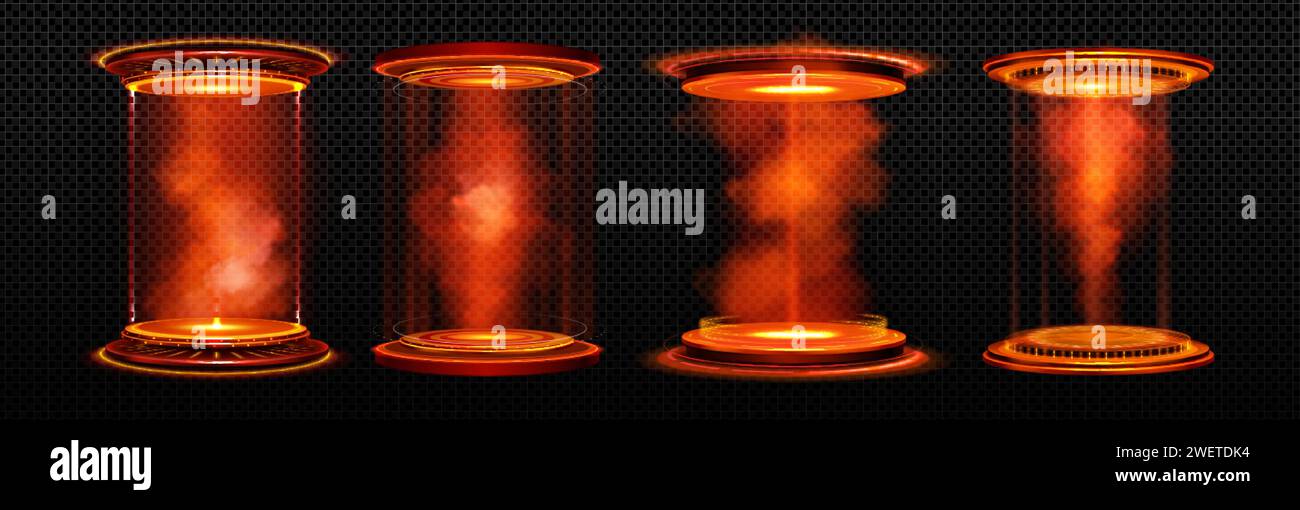 Magisches Neon-Spielportal mit roter Plattform, strahlendem Licht und Rauch. Realistische Vektor-Illustration Set des futuristischen Teleportpodiums mit Strahlen und Nebel. F Stock Vektor