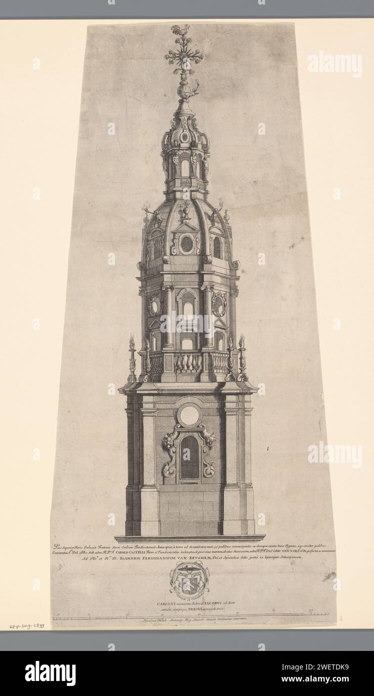 Turm der St. Paulskirche in Antwerpen, Johann Christoph Sartorius, nach Nicolaas Millich, um 1682 Druckpapier, das Teile der Kirchenaußenseite und Nebengebäude Antwerpen graviert. Sint-Pauluskerk Stockfoto