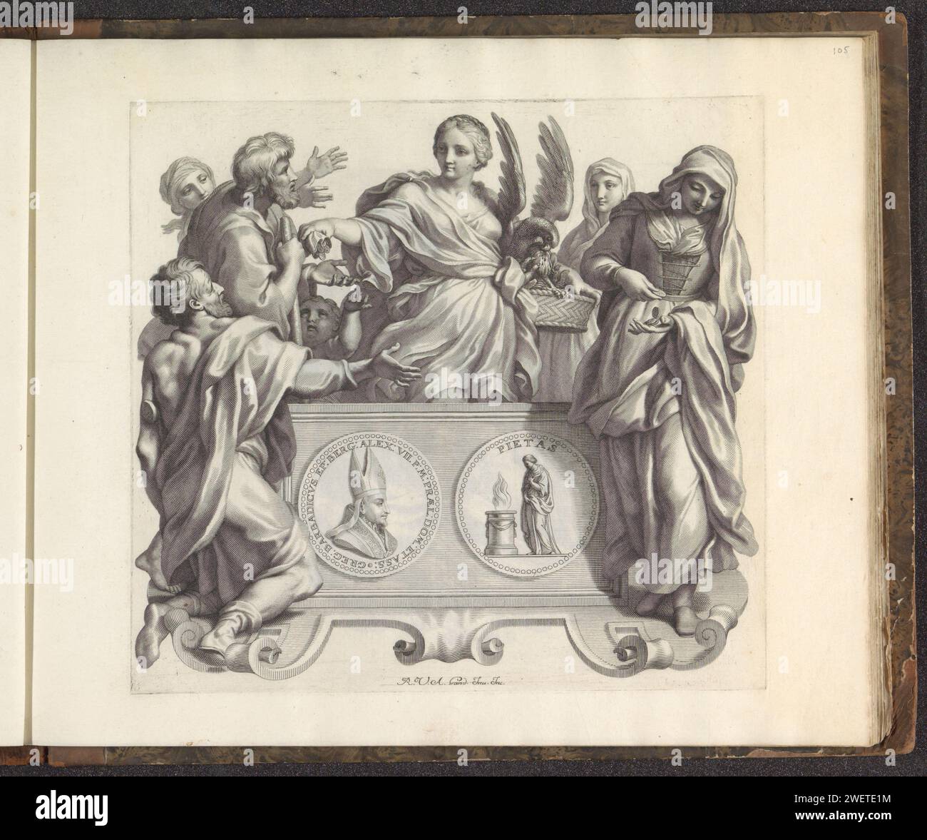 Porträt von Gregorio Barbarigo und die Personifikationen von Barmherzigkeit und Kostenerstattung, Robert van Audenaerd, 1673–1743 Druck Pedest in Form einer Kartusche. Dann ein Medaillon mit dem Porträt von Gregorio Barbarigo auf der Vorderseite. Er trägt einen Bischofstreu auf dem Kopf. Auf der Rückseite ist Pietas an einem brennenden Altar. Die Frau hinter dem Podest ist die Personifizierung von Barmherzigkeit oder Mitgefühl. Es ist eine Frau mit einem Nest in der linken Hand mit einem Pelikan, der sich in der Brust pflückt. Mit ihrer rechten Hand überreicht sie Almosen an die Armen. Rechts zählt eine Frau ihr Geld. Sie überholt das Geld Stockfoto