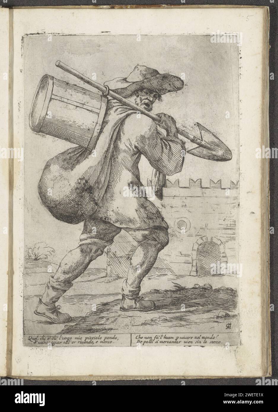 Verkäufer von Hühnermist, 1660 druckt Einen Verkäufer von Hühnermist mit einem Beutel auf dem Rücken und einem Spaten über der Schulter, an dem ein Holzeimer hängt. Eine Stadtmauer im Hintergrund. Italienisch frisch am unteren Rand. Der Ausdruck ist Teil eines Albums. Papierätzung 'cris de Paris', Schreie von London usw. Tragen Sie etwas in Korb, Tasche, Rucksack usw. Tiere (+ Exkremente, Mist von Tieren). Straßenhändler Stockfoto