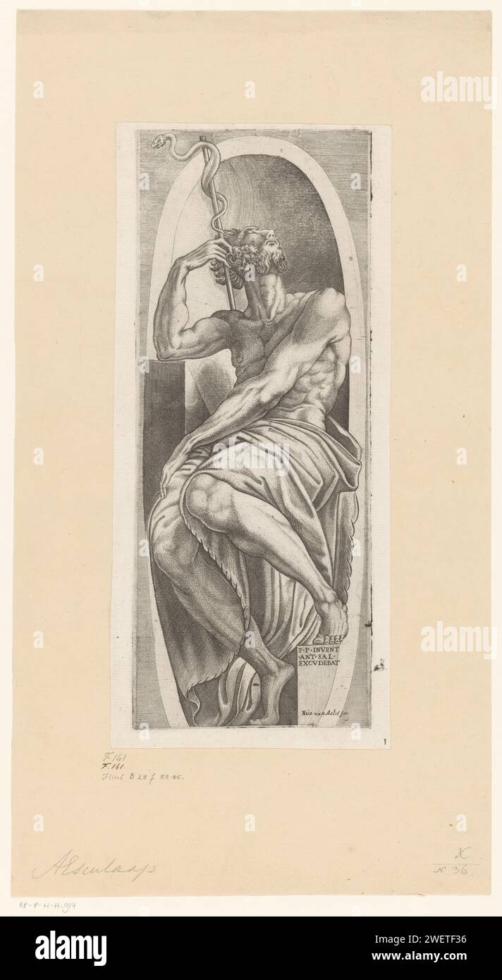 De profeet Aäron, anonym, nach Parmigianino, 1575–1613 drucken der Prophet Aaron sitzt in einer runden Nische mit einem Stab, um den sich eine Schlange windet. Papiergravur Aaron (nicht im biblischen Kontext); mögliche Attribute: Aaron: Räuchergefäß, gekleidet als Hohepriester oder Bischof, Salbengefäß, Stange oder Blütenstab Stockfoto