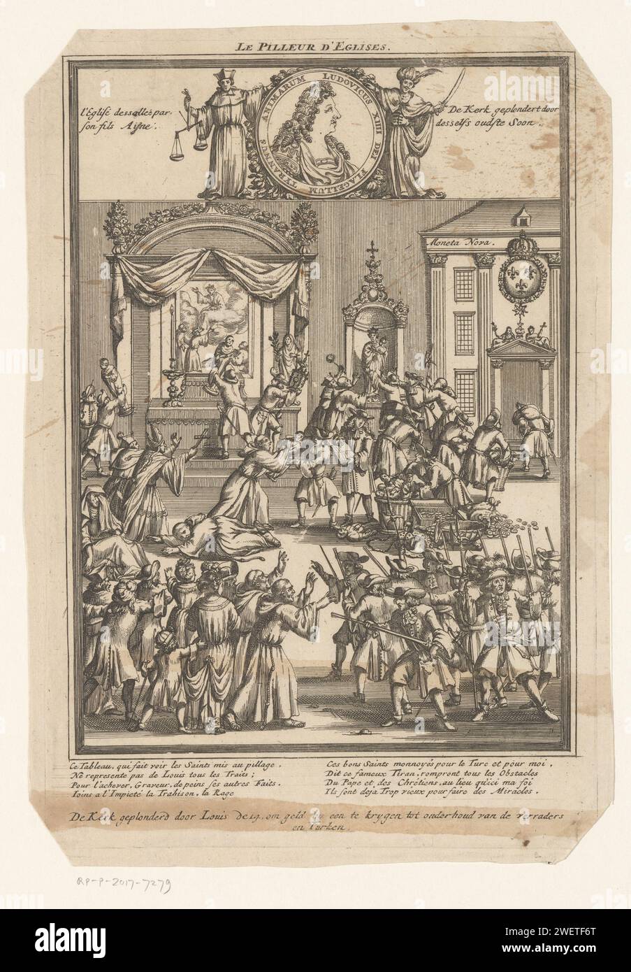 Die Kirche wurde von Ludwig XIV. Geplündert, CA. 1701-1713, Anonym, 1701-1713 Print Eine französisch-katholische Kirche wird von den Truppen Ludwigs XIV. Geplündert, wo Wertsachen in die Staatskasse eingezogen werden. In der Bildunterschrift zwei Verse auf Französisch und eine Inschrift auf Niederländisch. Teil einer Gruppe von Einzelcartoons über Ludwig XIV. Während des Spanischen Erbfolgekrieges, ca. 1701-1713. Papierätzung politischer Karikaturen und Satiren. Plünderung von Kirchenbau, Kloster usw. Frankreich Stockfoto