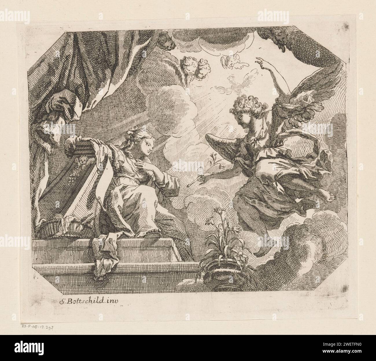 Proklamation an Maria, Samuel Bottschild, 1693 Druckpapier, das die Verkündigung ätzt: Maria, meist liest, wird vom Engel besucht (manchmal hört eine Frau das Gespräch) Stockfoto