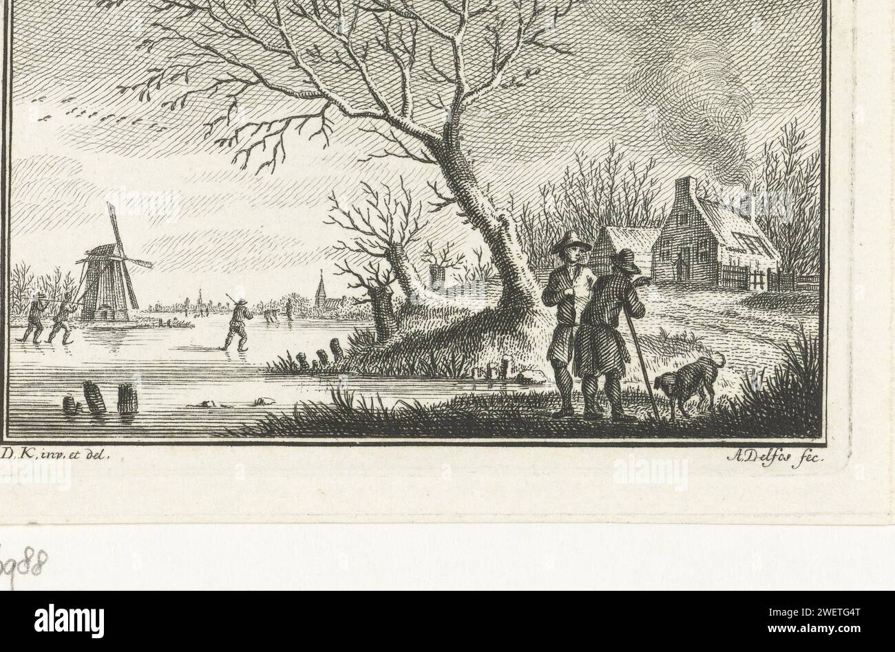 Winterlandschaft mit Eisläufern auf dem Eis, Abraham Delfos, nach Dirk Kuipers, 1764 - 1765 Druckpapier-Ätzschuhe (Wintersport). (Hoch) Hügel Stockfoto