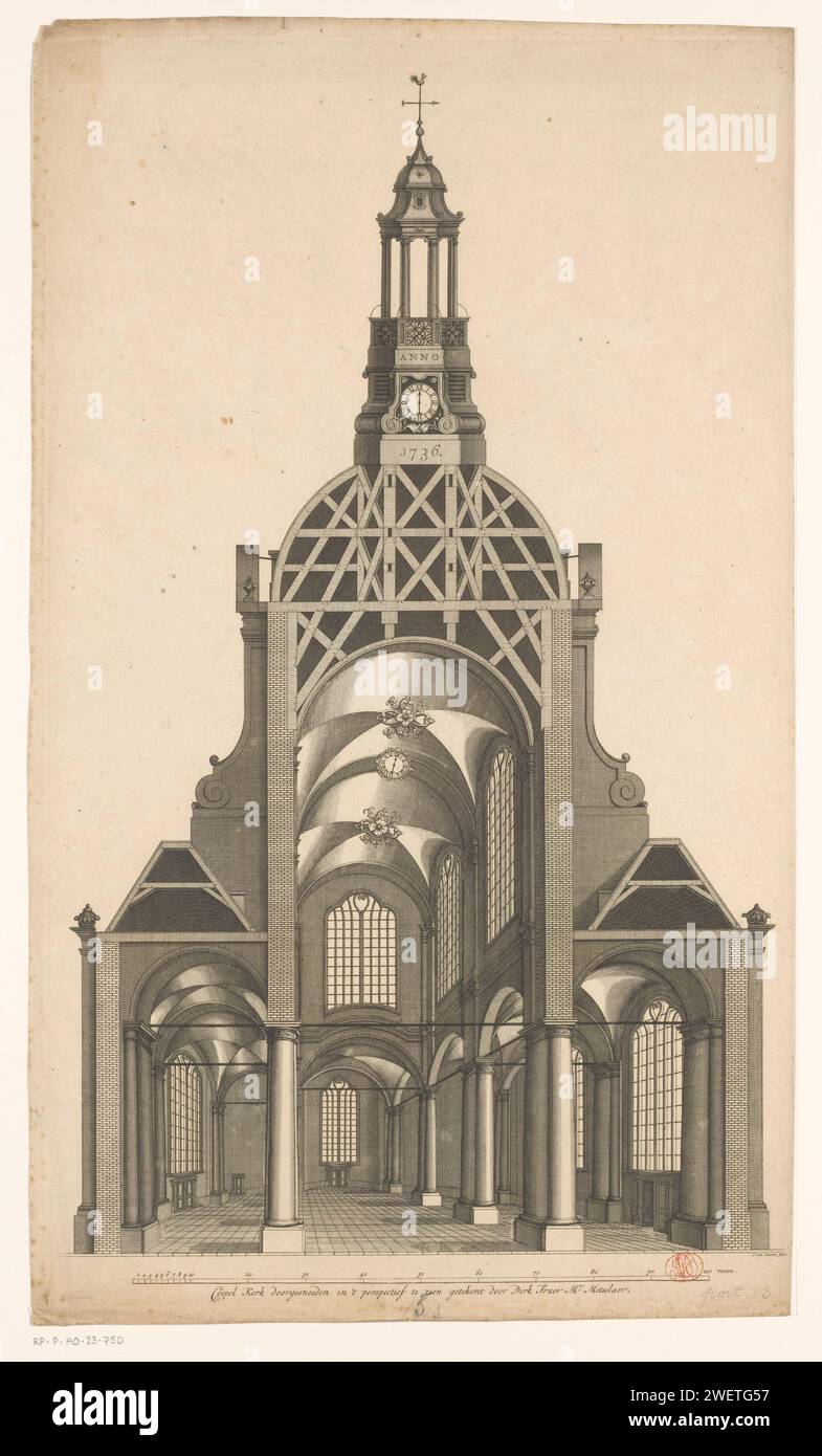 Querschnitt einer Kuppelkirche für den Botermarkt in Amsterdam, Joost van Sassen, nach Dirk Truer, 1736 Print Querschnitt einer Kuppelkirche für den Botermarkt, den heutigen Rembrandtplein in Amsterdam. Unten in der Mitte eine Schüssel: 100 Fuß. Architekturdesign nicht ausgeführt. Papierätzung/Gravur im Inneren der Kirche. Abschnitt  architektonisches Design oder Modell. Inneneinrichtung  Architekturdesign oder Modell Botermarkt. Rembrandtplein Stockfoto