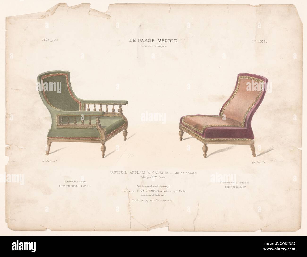 Sessel und Stuhl, Quéton, 1885 - 1895 Druck Sessel und Stuhl. Drucken Sie aus dem 279. Livraison. Papiermöbel Stockfoto