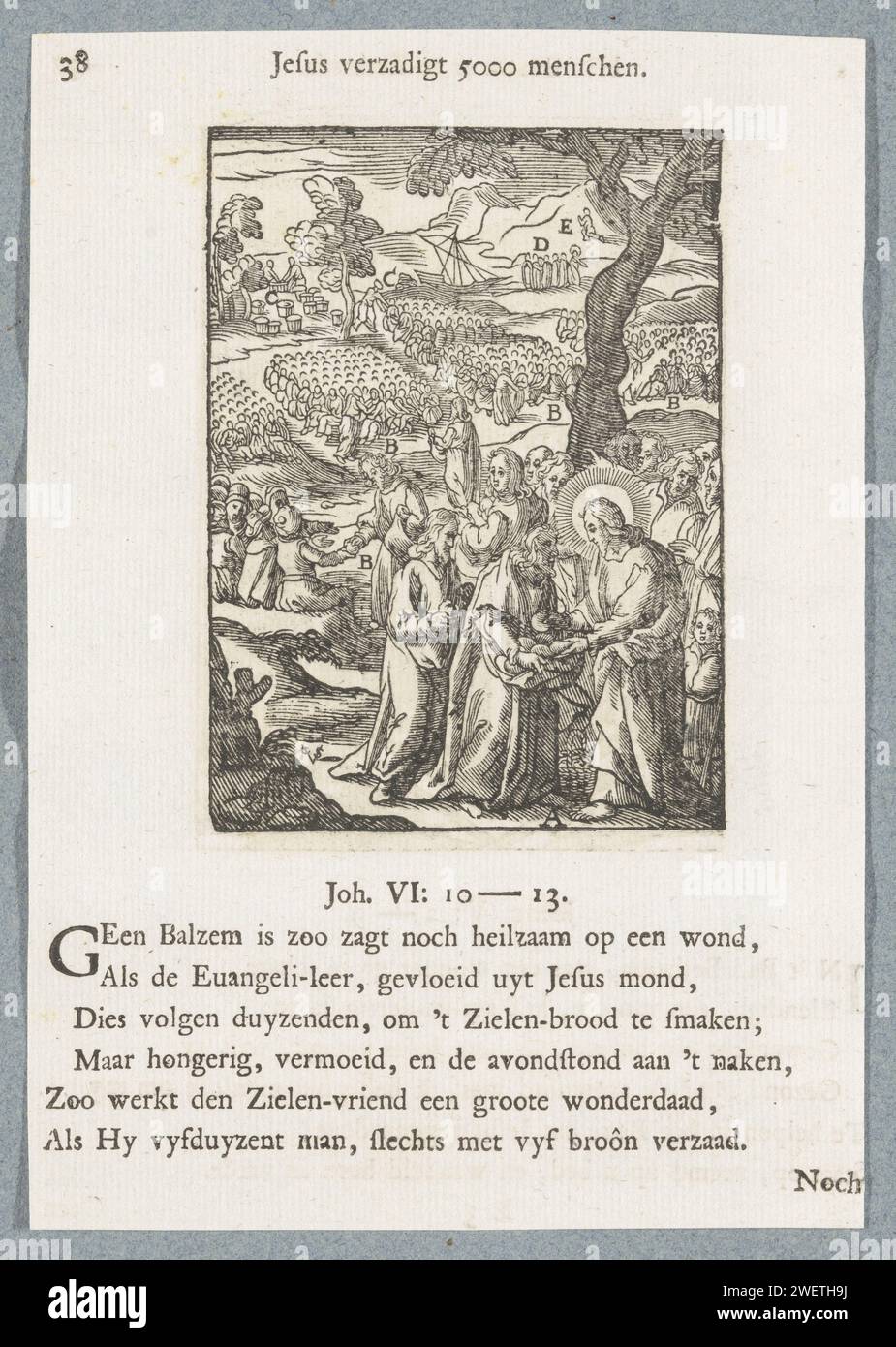 Zweiter wunderbarer Spijsing, 1740-Druck Christus tut sich leid um die Menschen, weil sie seit drei Tagen nichts gegessen haben. Er lässt die Leute auf dem Boden und vervielfacht das Brot seiner Schüler, damit es genug Nahrung für alle gibt. Es gibt Buchstaben mit unterschiedlichen Elementen aus der Performance. Ein Titel über der Show. Darunter sechs Verse und ein Verweis auf Johannes 6,10-13. Der Ausdruck ist Teil eines Albums. Buchdruck-Vervielfältigung von Broten und Fischen für eine Vielzahl von vier- oder fünftausend Menschen (Matthäus 14:13-21, 15:32-39; Markus 6:32-44, 8:1-10; Lukas 9:10-17; John 6 Stockfoto