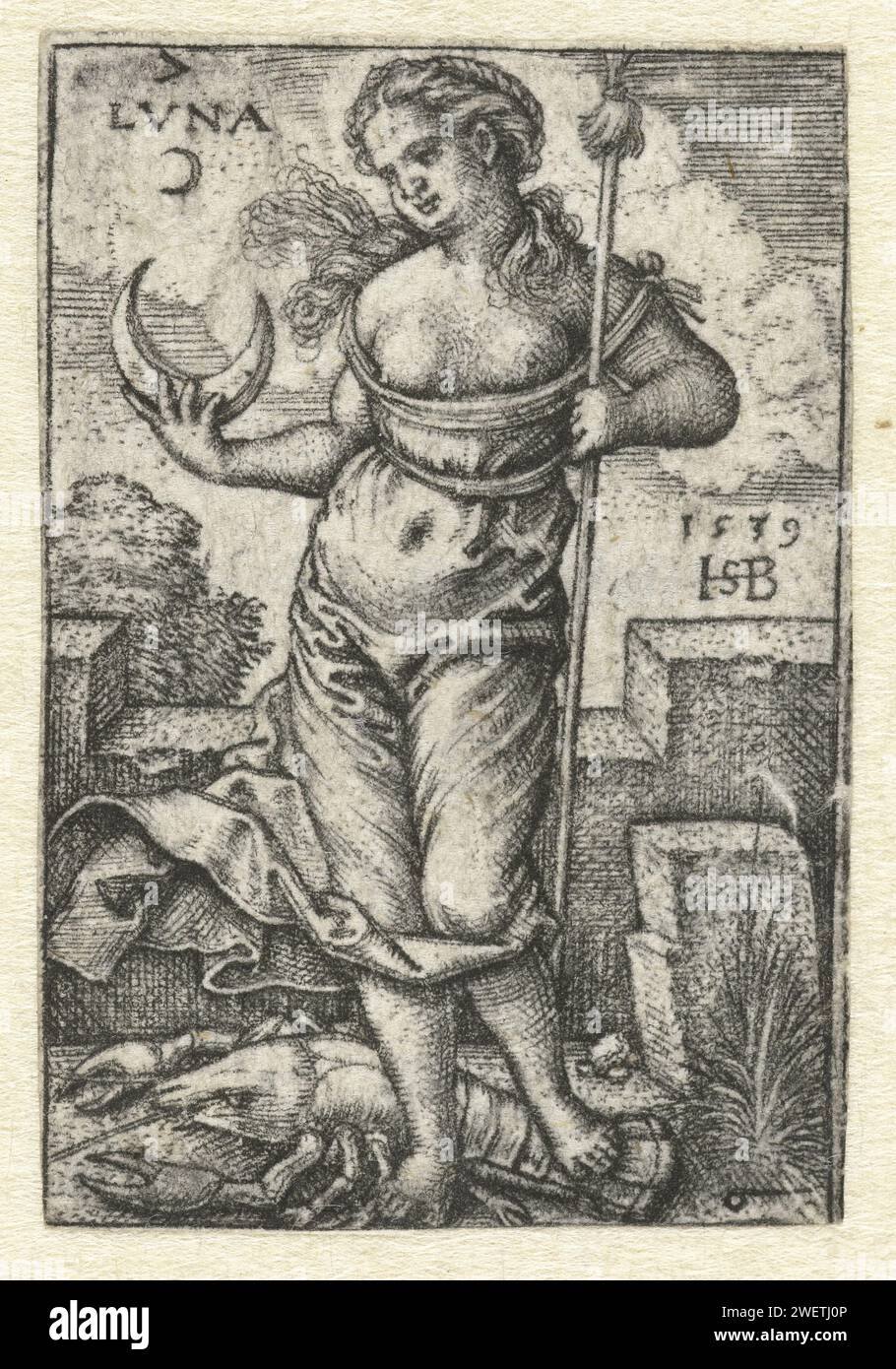 Diana (Luna) mit Sternbild Krebs, Hans Sebald Beham, 1539 Print Mondgöttin Diana (Luna) als Personifikation des Mondes mit ihrem Planetenkinder das Sternbild des Hummerpapierstichs Luna und ihre Kinder („Planetenkinder“)  Krebs Stockfoto