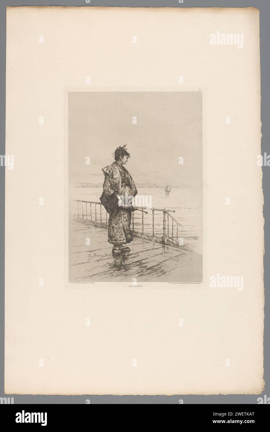 Stehende Frau in der japanischen Gestation, Etienne Prosper Bern-Bellecour, 1877 Druckpapier-Ätzung / Trockenspitze Erwachsene Frau. Wasserlauf. Japanisch (+ Kostüm). Sonnenschirm, Sonnenschirm Stockfoto