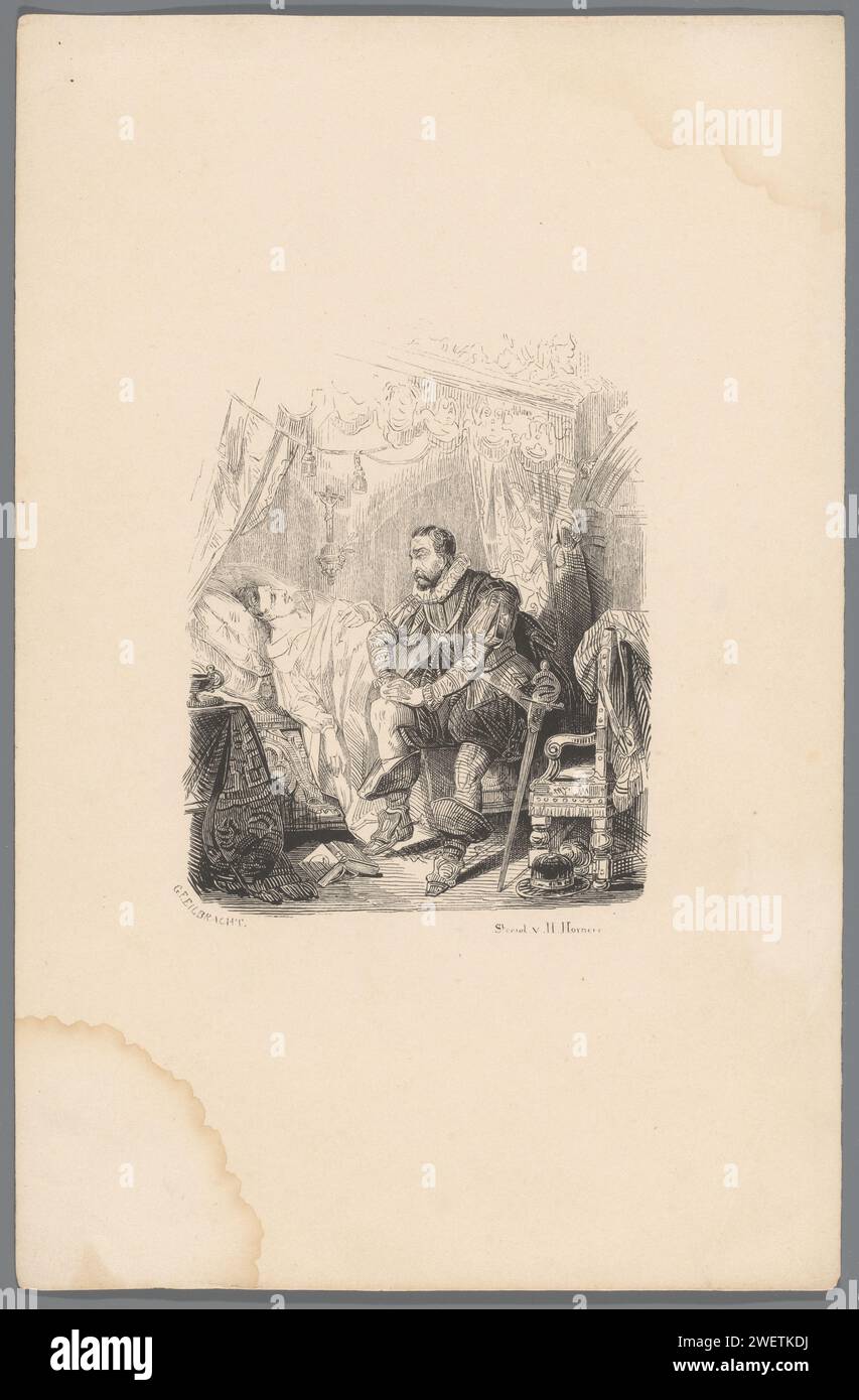 Sterbebett, Gerhardus Fredericus Eilbracht, nach Unbekanntem, nach Nicaise de Keyser, ca. 1844 - ca. 1854 Printmann, der in einem kranken oder Todesbett sitzt. Loses Blatt in einem Ordner mit zwölf Lithographien zu den Holzstichen, die als Illustrationen verwendet wurden in: Félix Bogaerts, El Maestro del Campo, 1839. Papier (Szenen aus) spezifische Werke der Literatur (mit AUTOR, Titel) Stockfoto