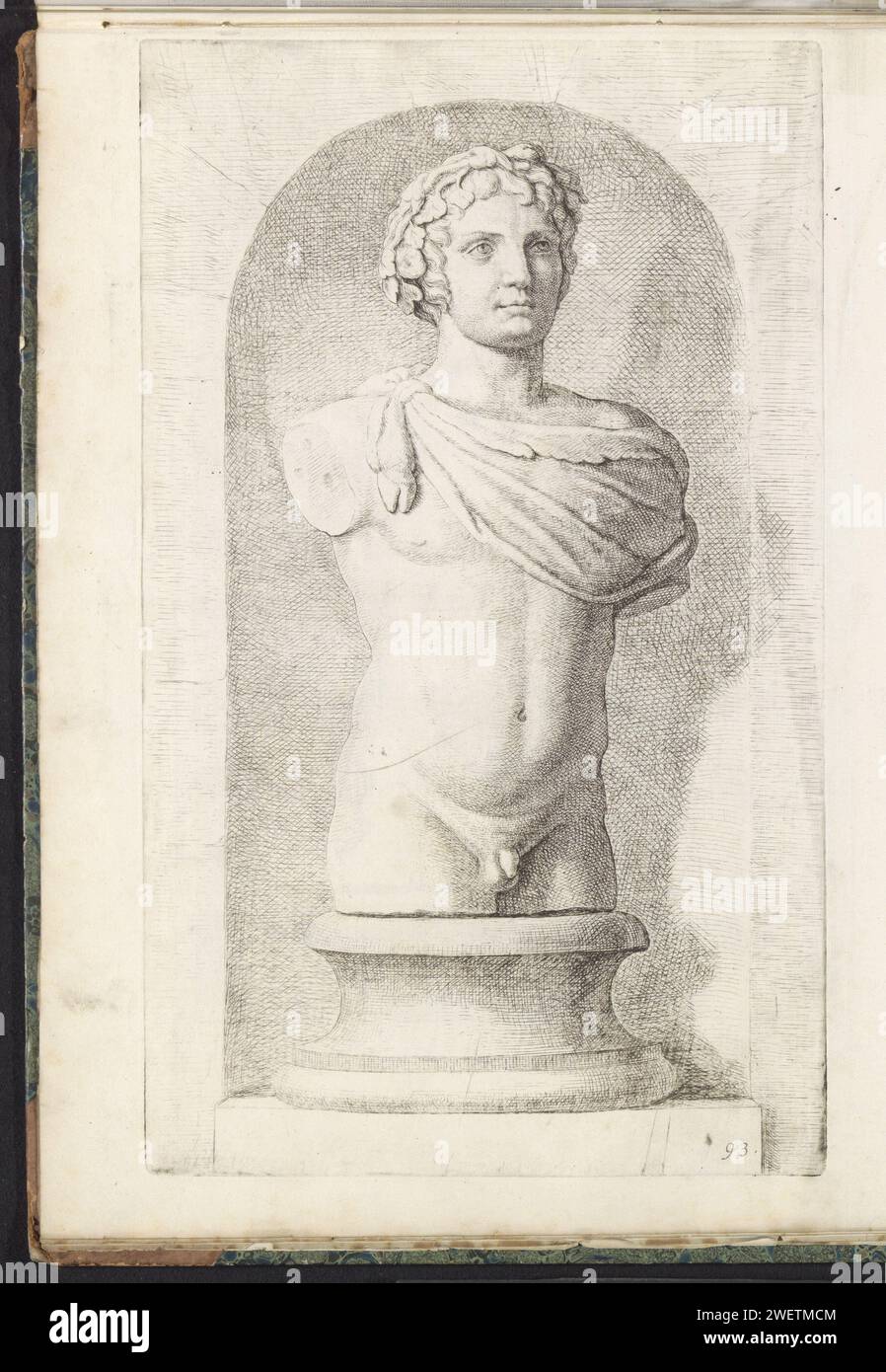 Skulptur eines Faun, Hubert Quellinus, 1646–1670 Print der Druck ist Teil eines Albums mit einer Serie von Drucken zu den Skulpturen aus der Sammlung von Gerard Reynst. Papiergravurstück einer Skulptur, Reproduktion eines Skulpturenstücks. Satyr, Fauns, Sileni. (Geschichte von) Pan Stockfoto